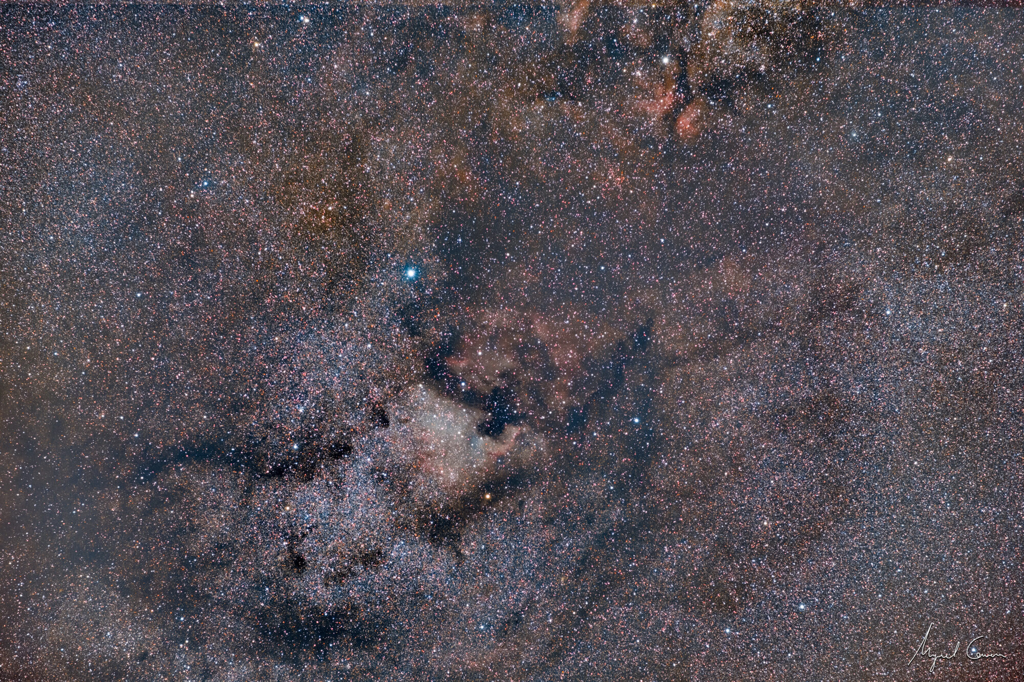 Imagen de cielo profundo. En el centro se ve la Nebulosa Norteamérica con un color rojizo. En la parte superior se ven más nebulosas de color rojizo alrededor del la estrella Sadr.
